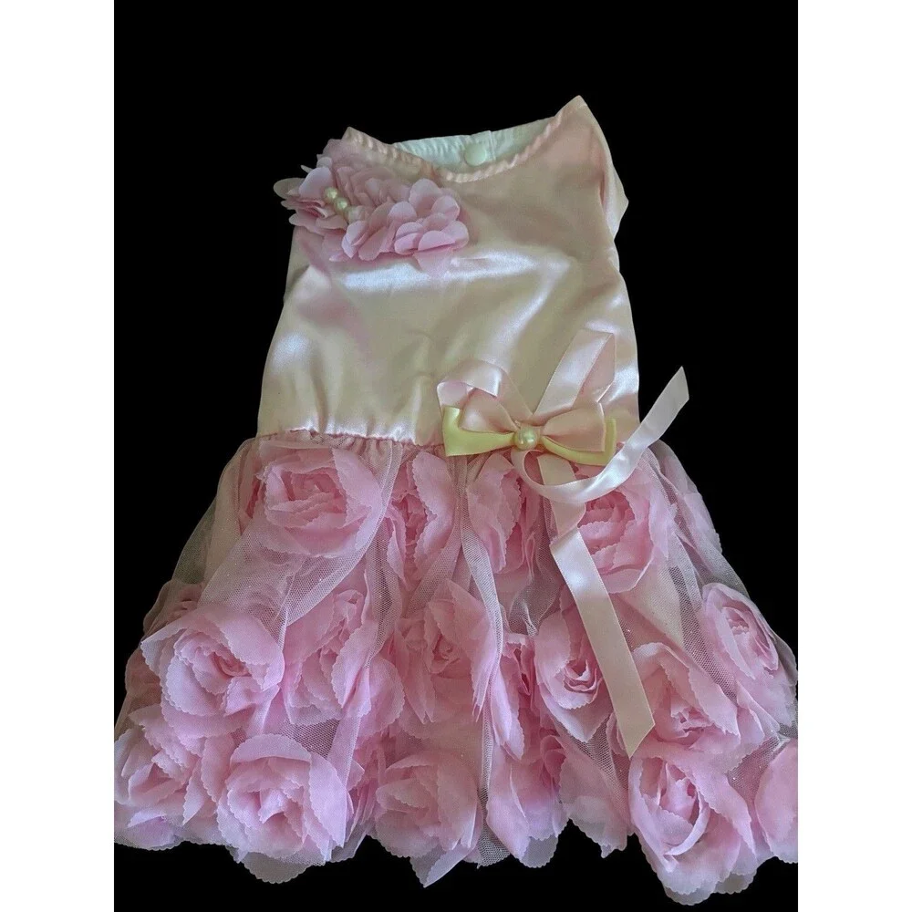 Pink Dog Dress Large Satin Rosette Flower Pet Dress Formal Wedding Party Costume